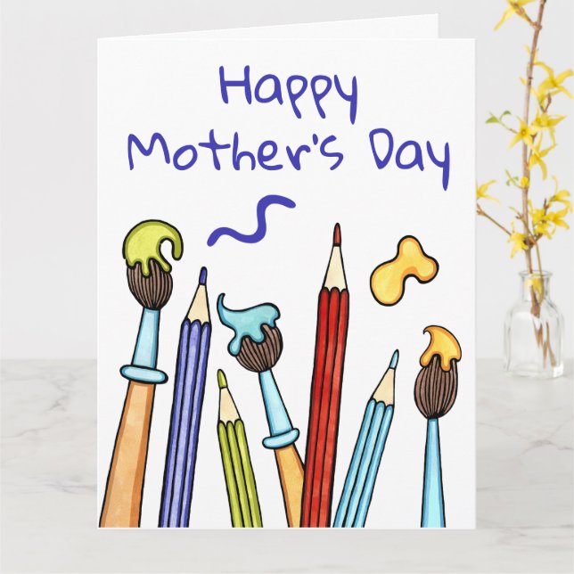 Carte de la fête des mères Crayons et Pinceaux (Fleur jaune)