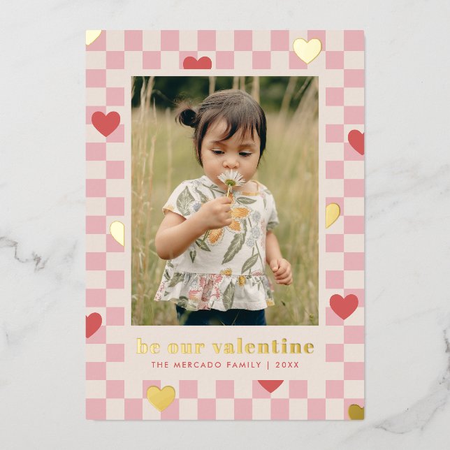 Carte de la Saint-Valentin à carreaux roses et rou (Recto)