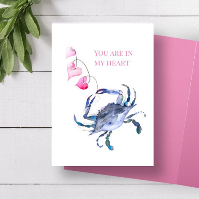 Carte de la Saint-Valentin de plage Crabe bleu et  (Valentine's Day card features unique watercolor art by Victoria Grigaliunas of Do Tell A Belle)
