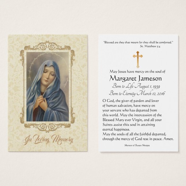 Carte de la Sainte Vierge Marie funéraire triste - (Devant & derrière)