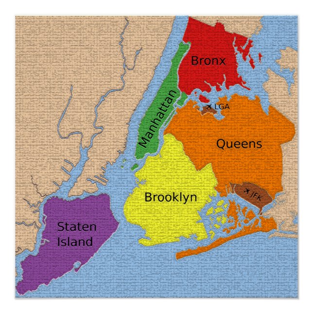 Carte de la ville de New York Boroughs Poster Étiq (Devant)
