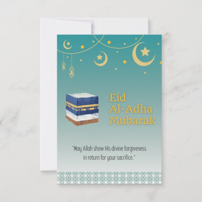 Carte de l'Aïd Al-Adha Moubarak en bleu et Ka'bah (Devant)