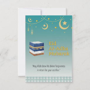Carte de l'Aïd Al-Adha Moubarak en bleu et Ka'bah