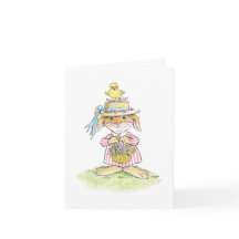Carte de lapin et de poussin au chapeau de paille