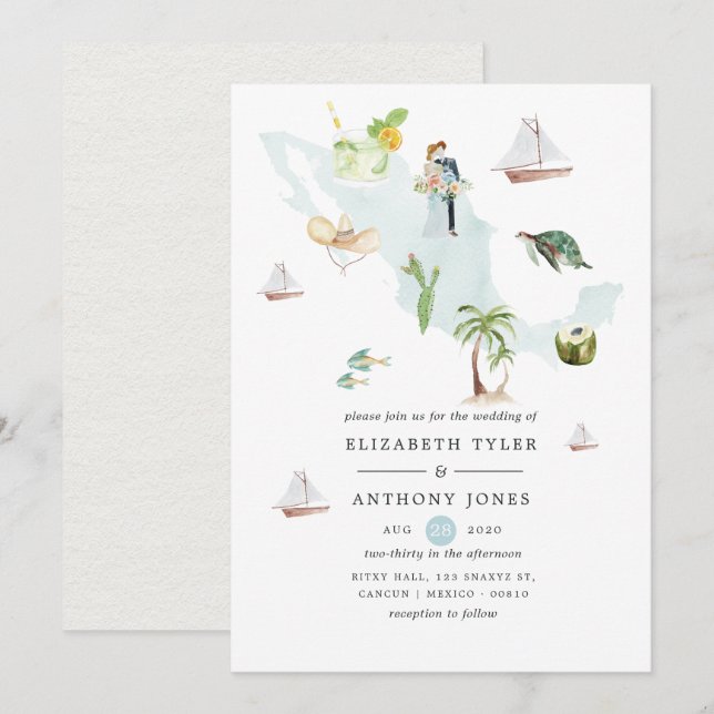 Carte de l'aquarelle du Mexique Destination Weddin (Devant / Derrière)