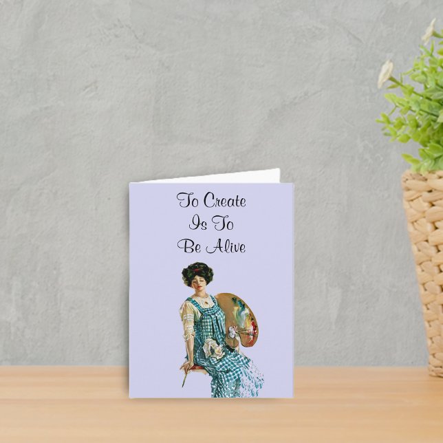 Carte de l'artiste créatif (Victorian artist lady holding paint pallete To Create is to be Alive pale blue notecard.)