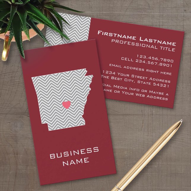 Carte de l'état de l'Arkansas avec le coeur rouge  (Custom Business Card Template)