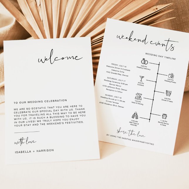 Carte de lettre de bienvenue minimale moderne avec (Modern minimalist wedding welcome letter with schedule and icon timeline backside.)