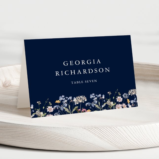 Carte de lieu de mariage du Fleur sauvage de la Ma (Navy Wildflower Meadow Garden Wedding Place Card)