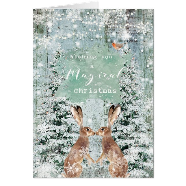 Carte de lièvres de neige d'hiver de Joyeux Noël (Devant)