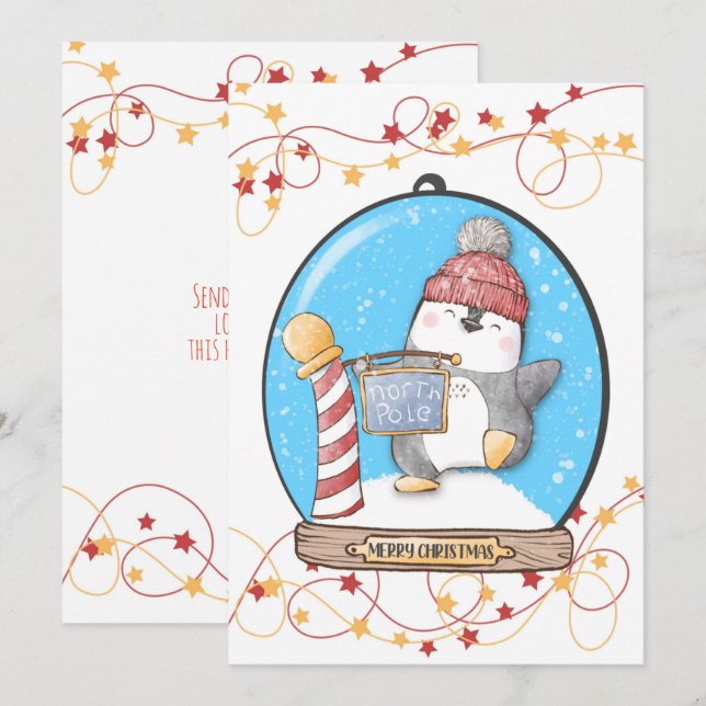 Carte de manchot de Noël du Globe des neiges (Devant / Derrière)