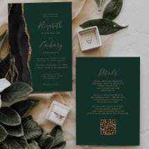 Carte de mariage à code QR émeraude et agate or no