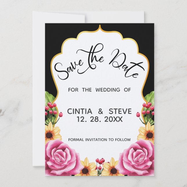 Carte de mariage à encadré floral aquarelle Save T (Devant)