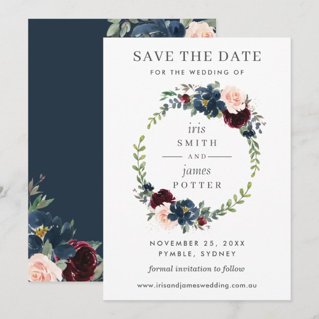 Carte de mariage à motifs floraux Burgundy Navy à  (Devant / Derrière)