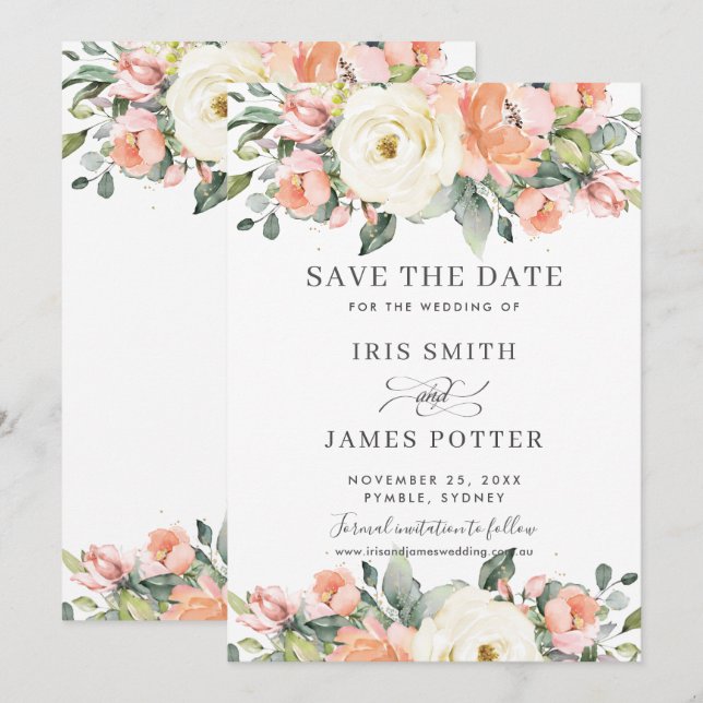 Carte de mariage à save the date Fleurie Ivoire Ro (Devant / Derrière)