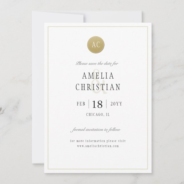 Carte de mariage à simple monogramme doré "Save th (Devant)