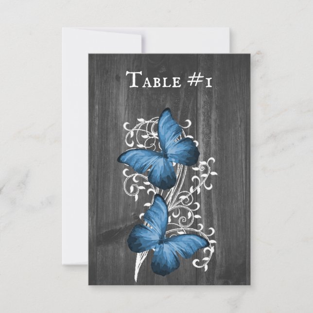 Carte de Mariage Bleu Rustique Papillon (Devant)