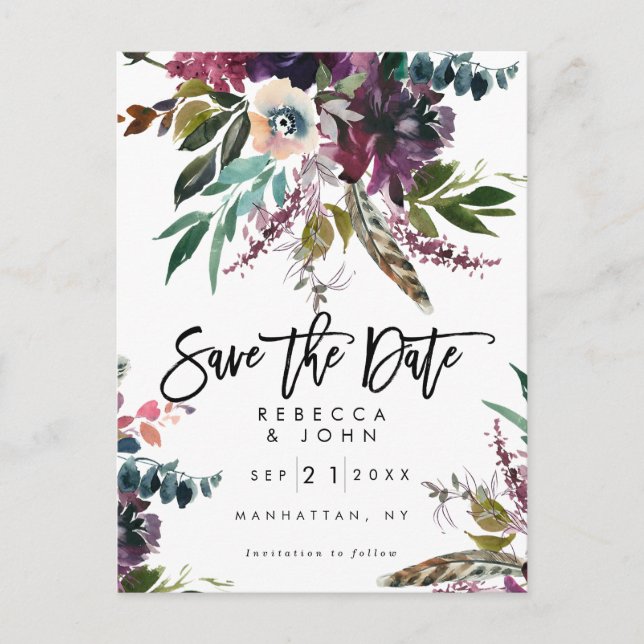 carte de mariage bohème avec fleurs et plumes pour (Devant)