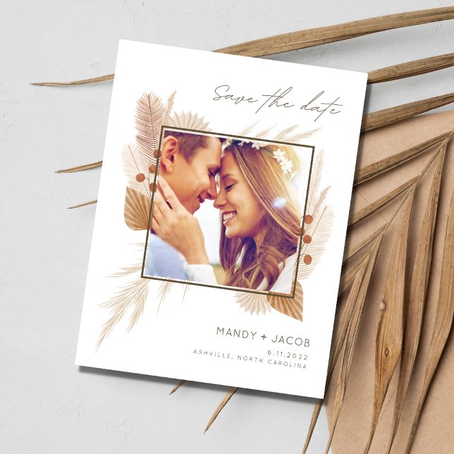 Carte de mariage Bohème chic avec photo pour un ma (Modern Fall Wedding Photo Boho Save the Date Postcard)