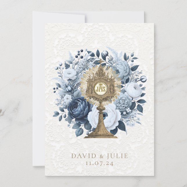 Carte de mariage catholique bleue florale Monstran (Devant)