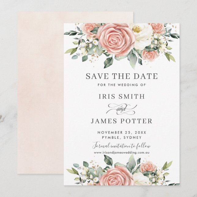 Carte de mariage chic Save the Date avec fleurs en (Devant / Derrière)