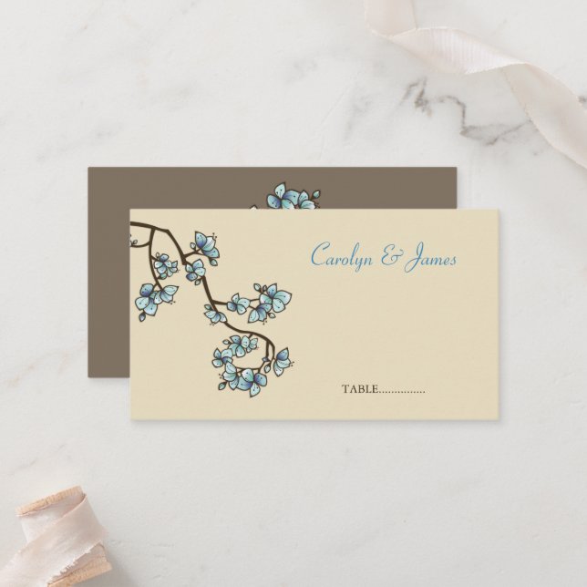 Carte de Mariage chinois de fleurs de pêche bleue (Devant/Arrière en situation)