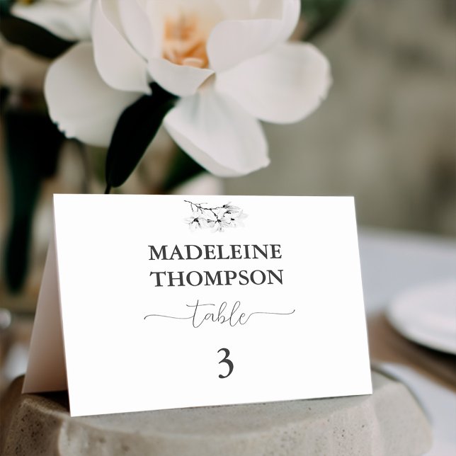 Carte de Mariage classique Magnolia noir blanc (Classic Magnolia Place Card Table Number Black White Calligraphy Elegant Modern Simple Classy)