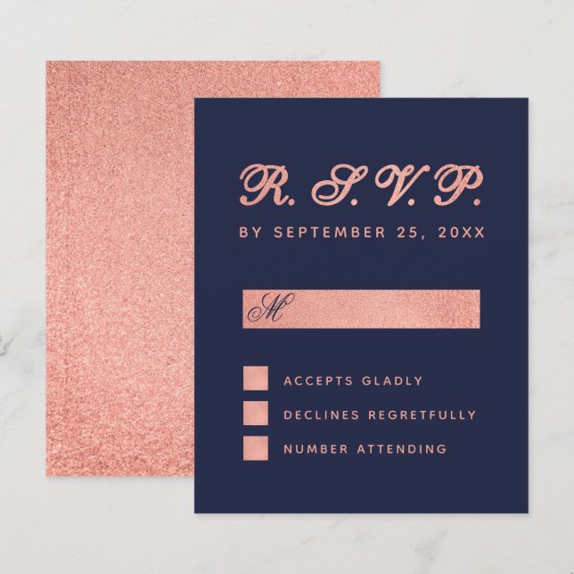 Carte de Mariage d'or Rose bleu RSVP Budget Marine (Devant / Derrière)