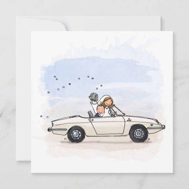 Carte de mariage du marié en spider vintage Fiat 8 (Devant)