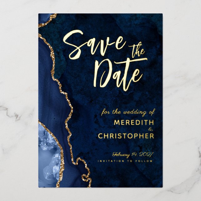 Carte de mariage en agate bleue or Save the Date (Recto)