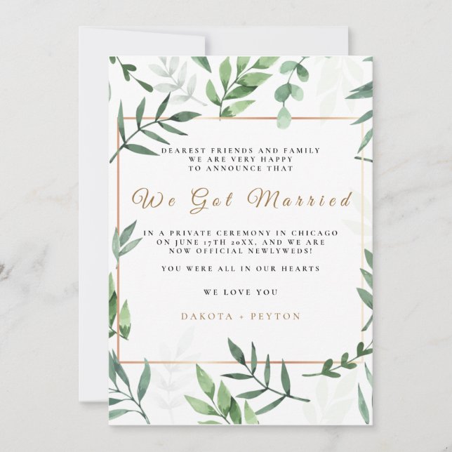 Carte de Mariage en fuite Aquarelle Feuilles 10a (Devant)