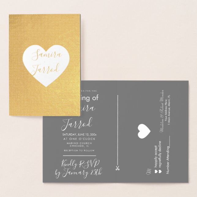 Carte de mariage et RSVP à cœur gris et or (Affichage)