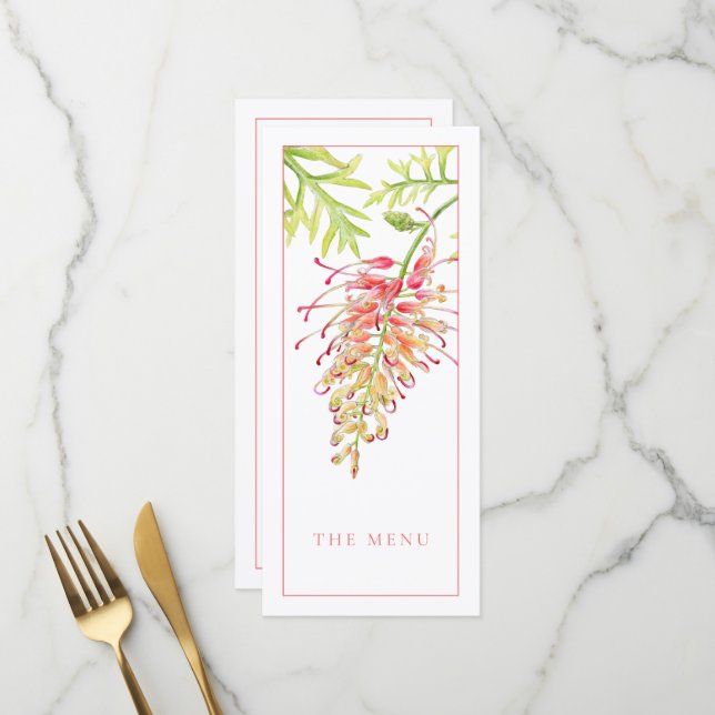 Carte de mariage floral à l'aquarelle de Grevillea (Devant/Arrière en situation)
