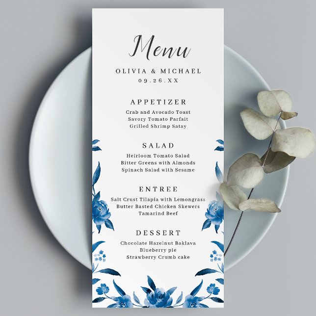 Carte de mariage floral bleu et blanc (Blue & white watercolor floral wedding menu)