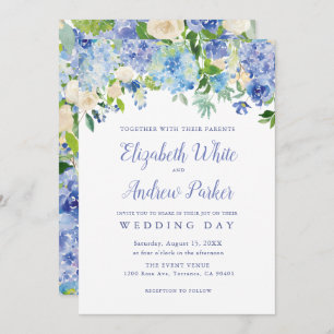 Carte de Mariage Floral Blue Watercolor hydrangea