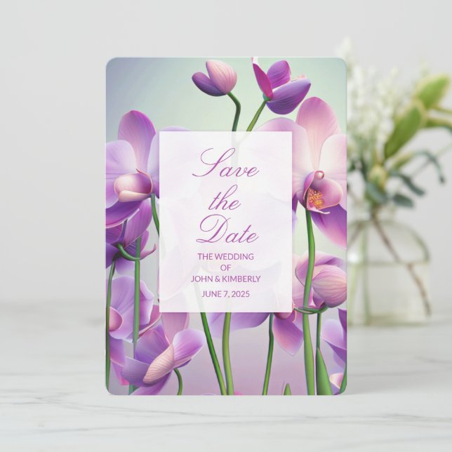 Carte de mariage florale aux orchidées violettes " (Debout devant)
