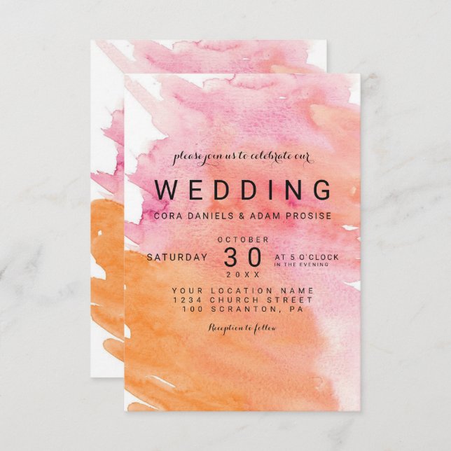 Carte de mariage moderne de coeurs d'aquarelle (Devant / Derrière)