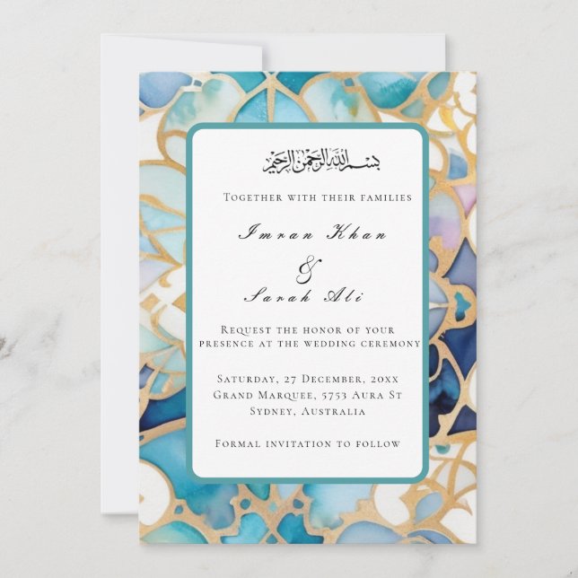 Carte de mariage musulmane turquoise antique arabe (Devant)