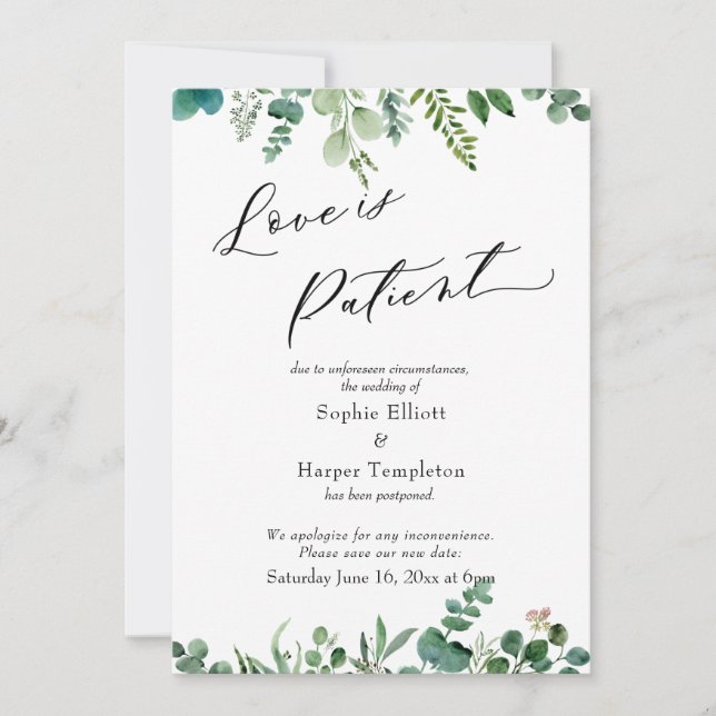 Carte de mariage reporté Eucalyptus : L'amour est  (Devant)