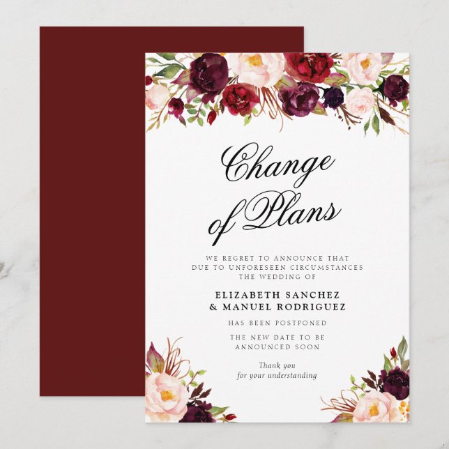 carte de mariage reportée florale bordeaux (Devant / Derrière)