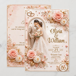 Carte de mariage Rose Romantique 3D   Personnalisé