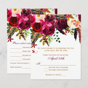 Carte de mariage RSVP 2 (REPAS) - Floral, Plumes