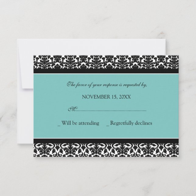 Carte de Mariage turquoise Black Damask RSVP (Devant)