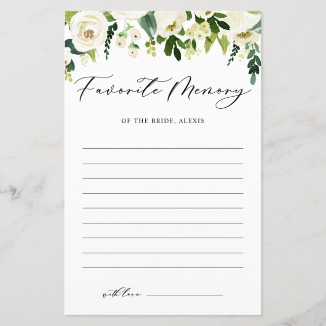 Carte de Mémoire Favorite de la Mariée Fleurs Blan (Devant)