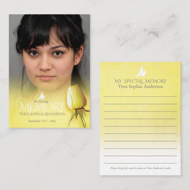 Carte de mémoire rose jaune pour commémorations et (Devant / Derrière)