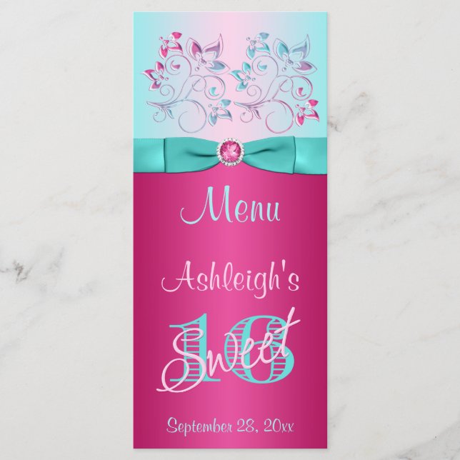 Carte de menu 16 avec fond imprimé rose, Aqua Flor (Devant)