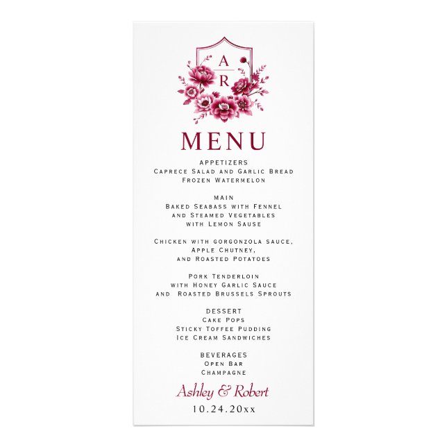 Carte de menu à fleurs de pivoine de Bourgogne mar (Devant)