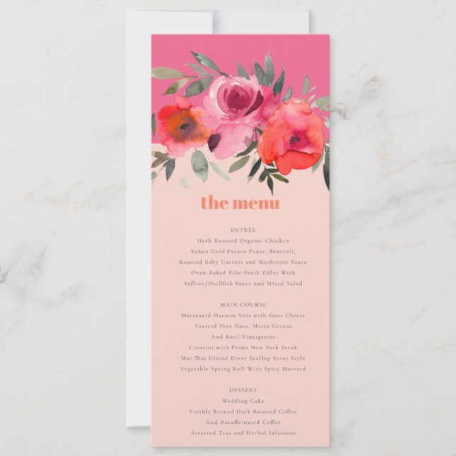 Carte de menu à Mariage de fleurs rose chaud Boho  (Devant)