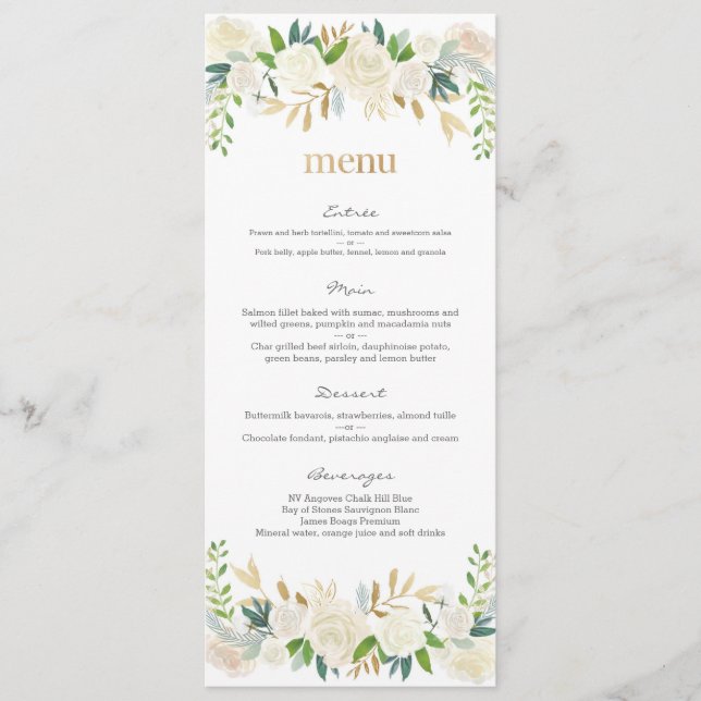 Carte de menu à Mariage floral blanc et or (Devant)