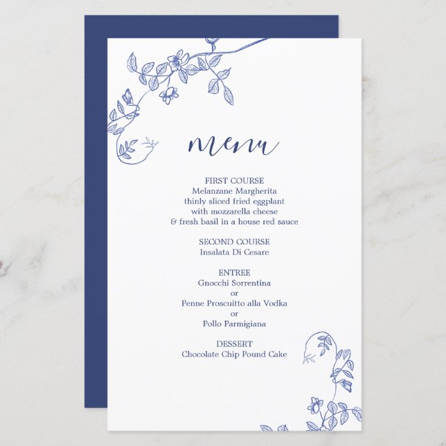 Carte de menu à mariage floral victorien bleu (Devant / Derrière)